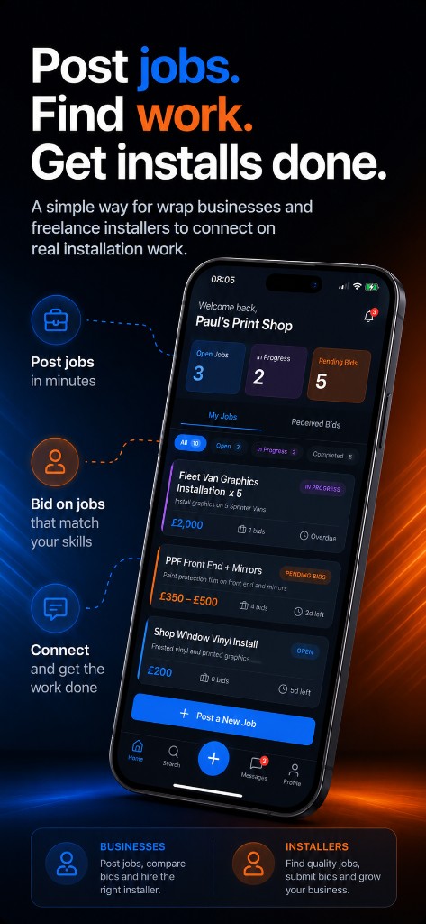 WrapJobs app — post jobs, find work, get installs done